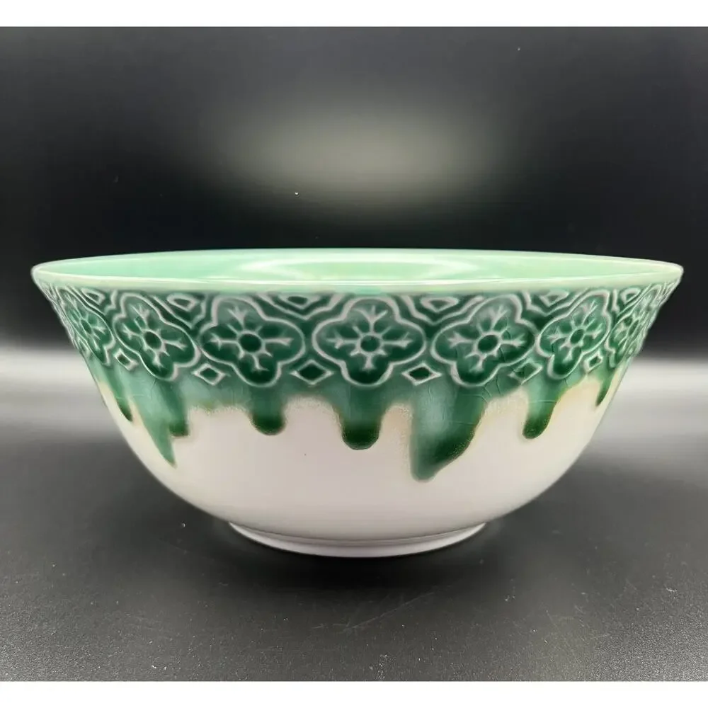 Pier 1 Imports Drip Glaze Stoneware Serving Mixing Bowl 9.5” Teal Green & White